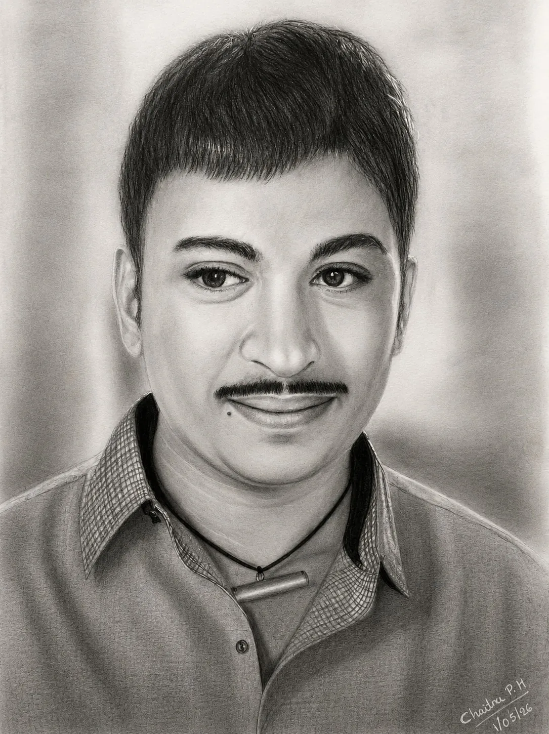 Dr. Rajkumar Legendary Kannada Actor hand-drawn charcoal portrait by Chaitra Draws