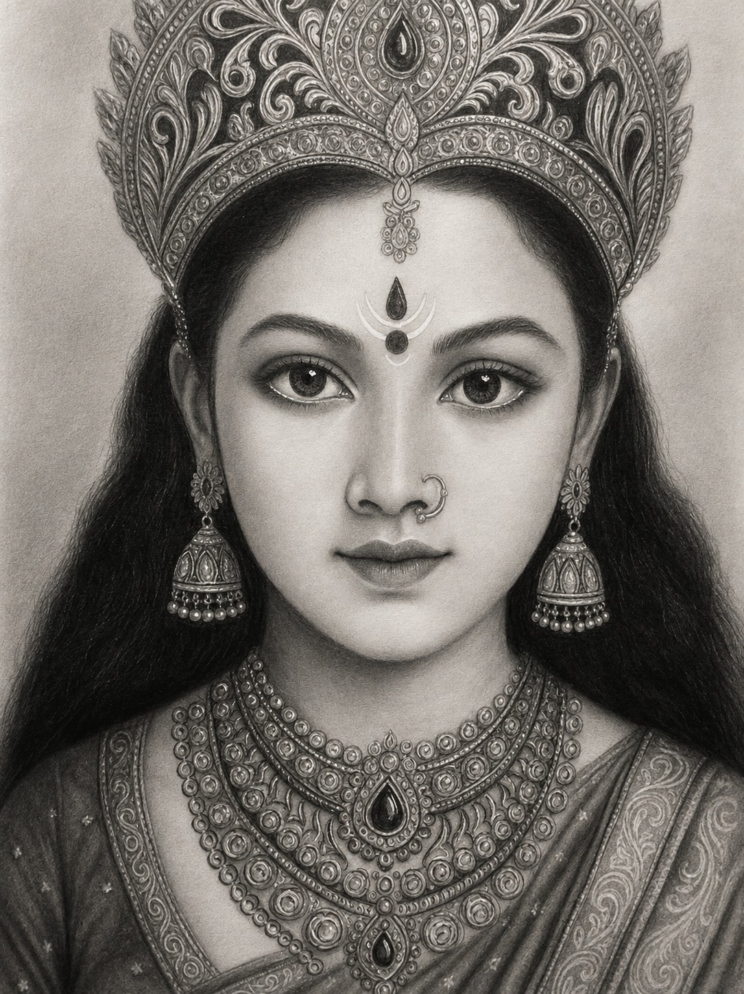 Goddess Lakshmi Devi hand-drawn charcoal portrait by Chaitra Draws