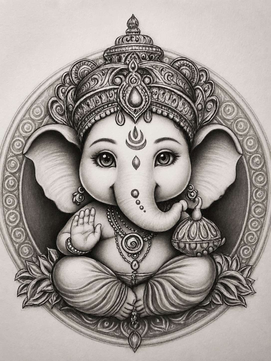 Maha Ganapathi Lord hand-drawn charcoal portrait by Chaitra Draws