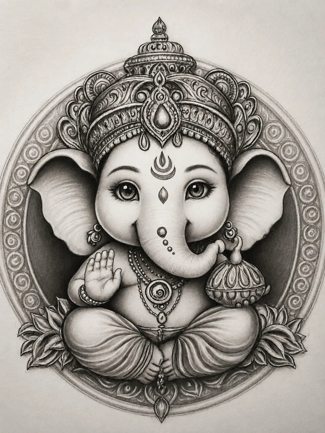 Maha Ganapathi Lord hand-drawn charcoal portrait by Chaitra Draws
