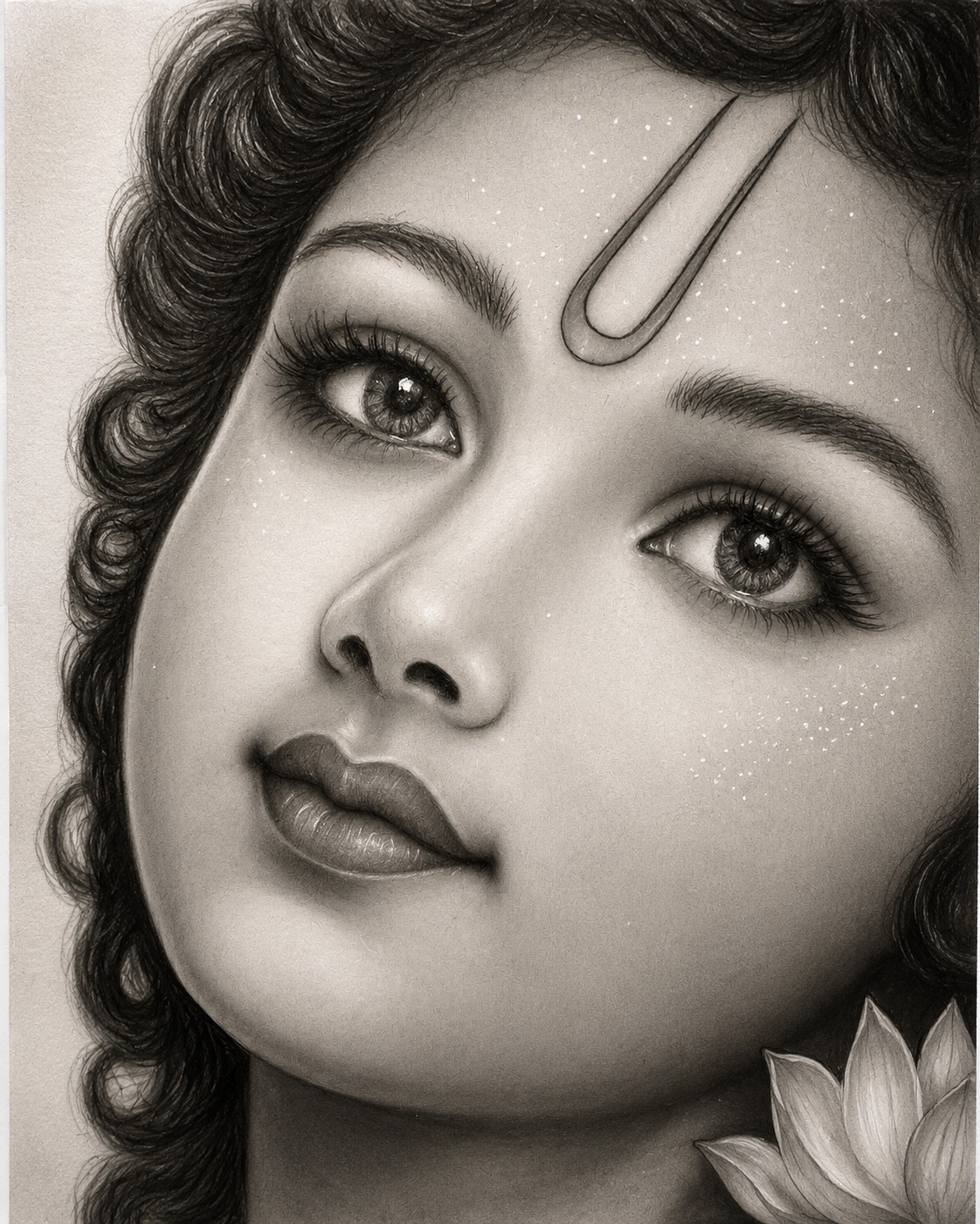 Shree Krishna hand-drawn charcoal portrait by Chaitra Draws
