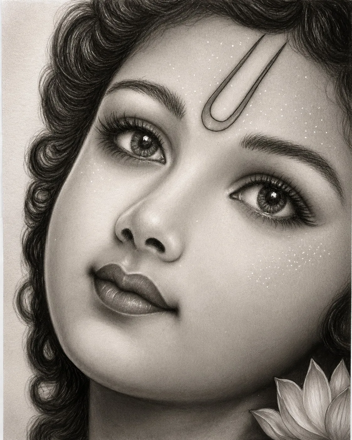 Shree Krishna hand-drawn charcoal portrait by Chaitra Draws